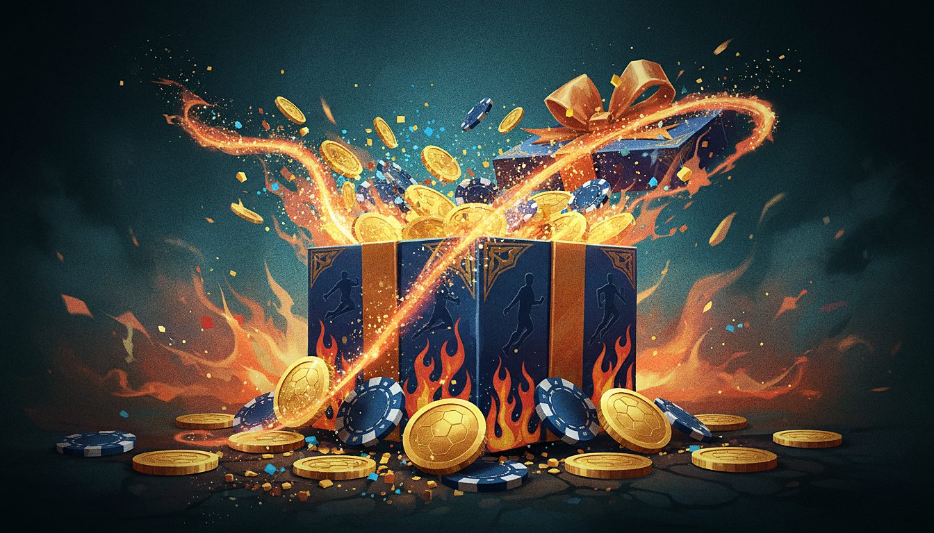 gift box overflowing with coins and sparkles, bonus theme