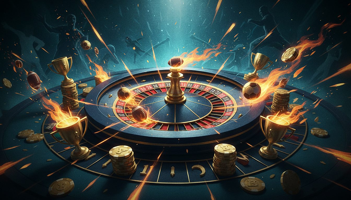 roulette wheel with gold chips, dramatic casino lighting
